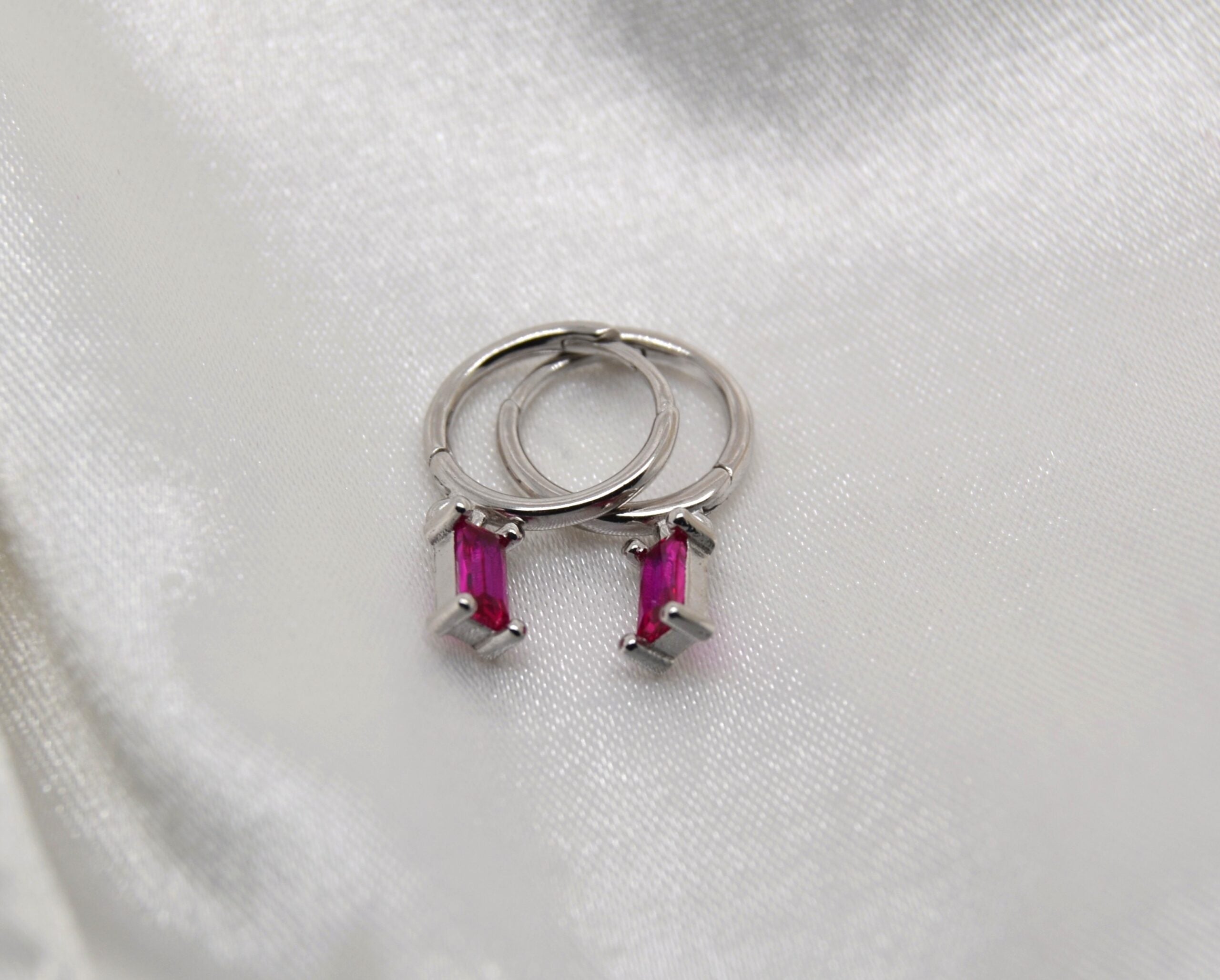 Tiny Emerald Cut Huggies - Pink image