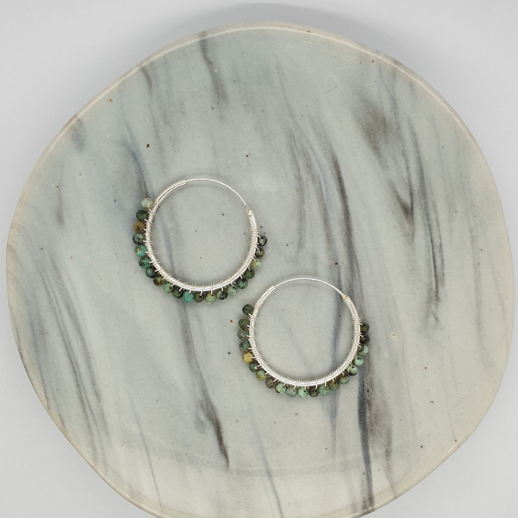 Natural Stone Silver Hoops - AF. Turquoise image