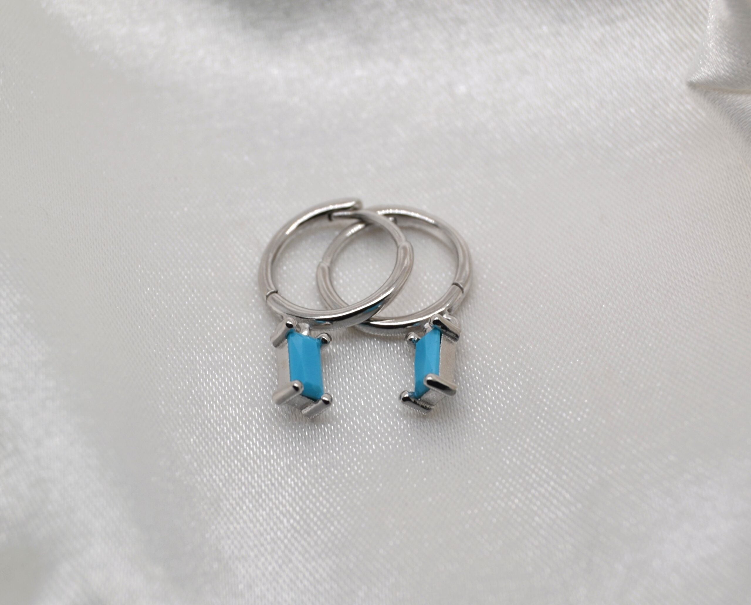 Tiny Emerald Cut Huggies - Blue image