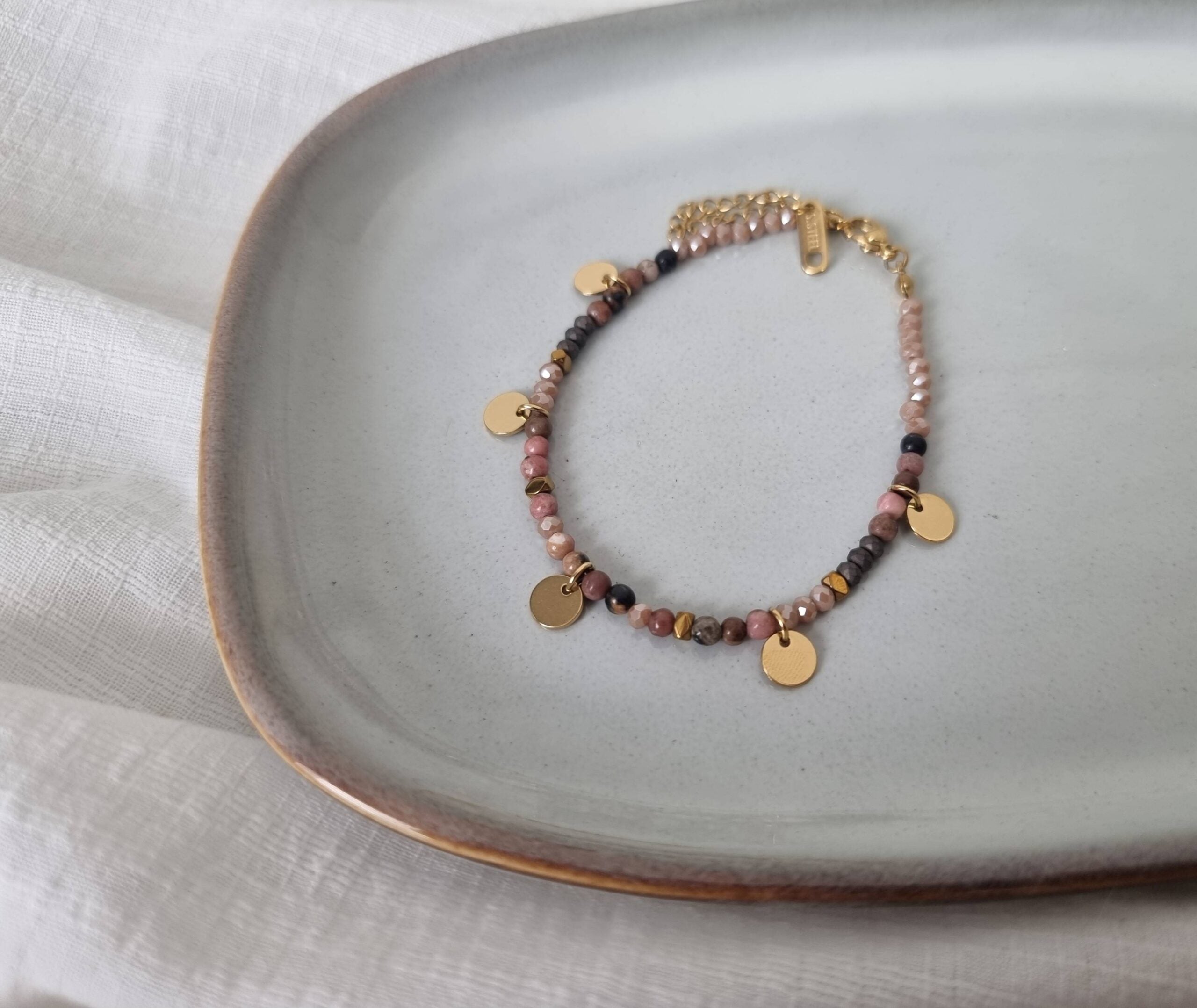 Gold Colored Beads Bracelet - Pink image