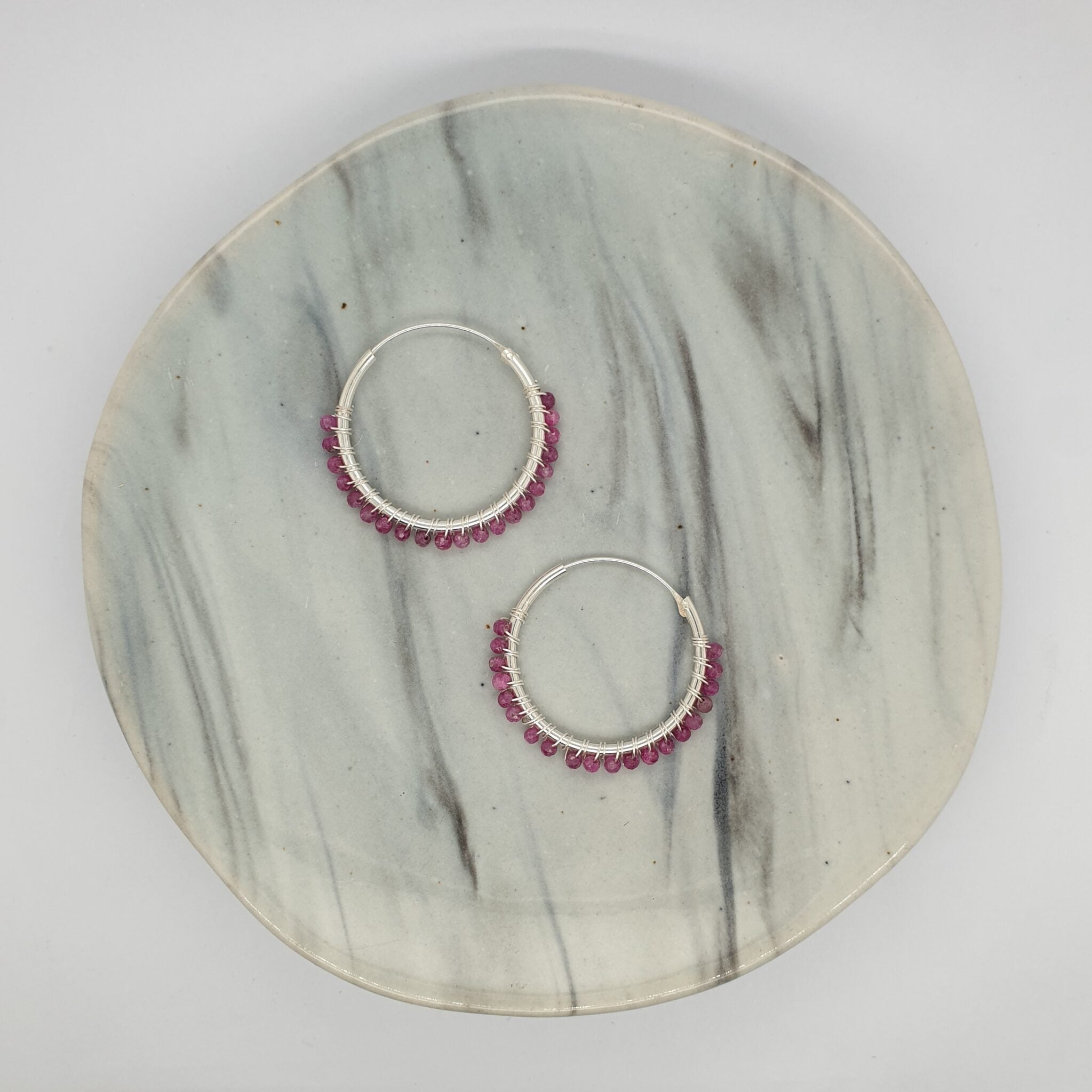 Natural Stone Silver Hoops - Garnet image