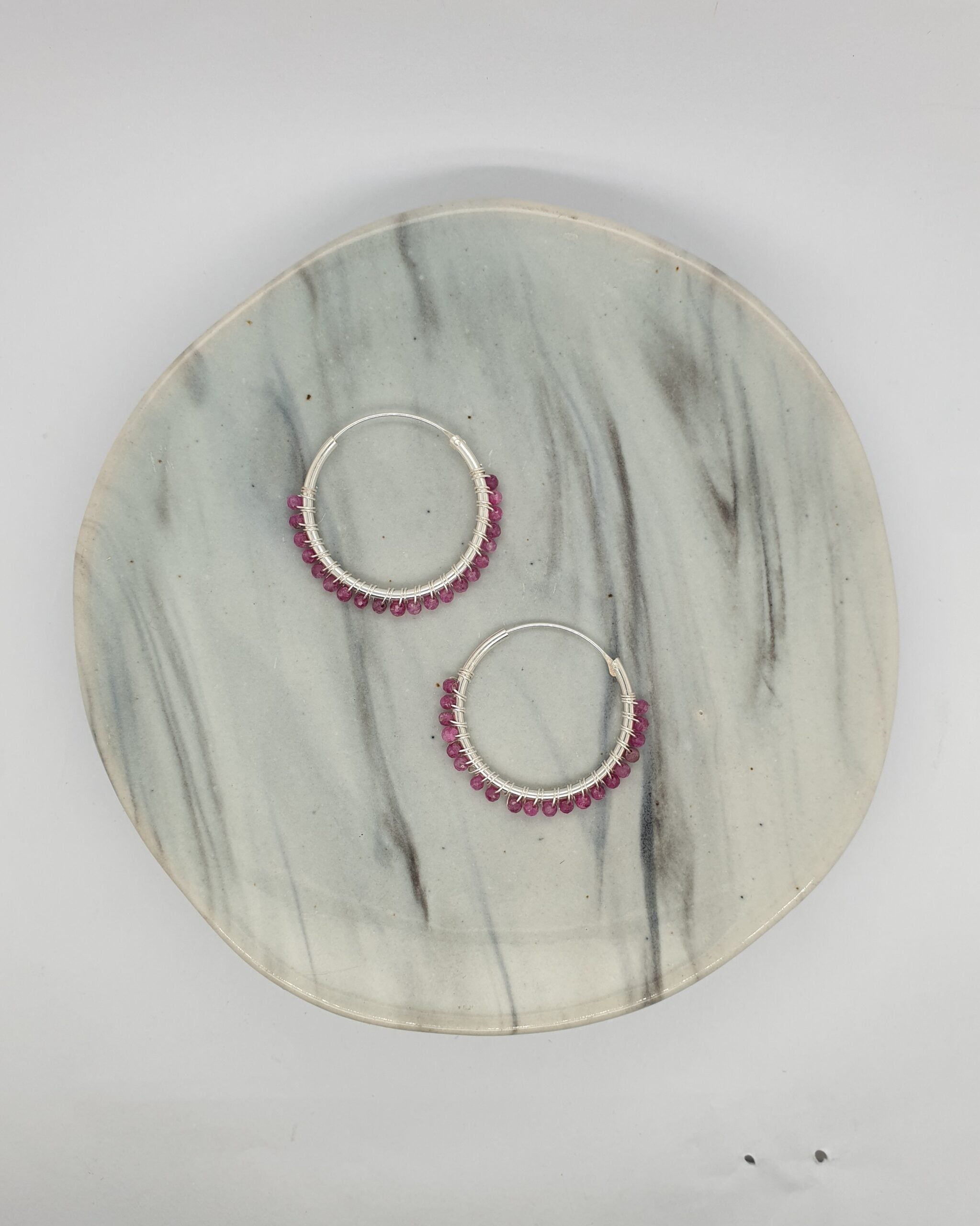 Natural Stone Silver Hoops - Garnet image
