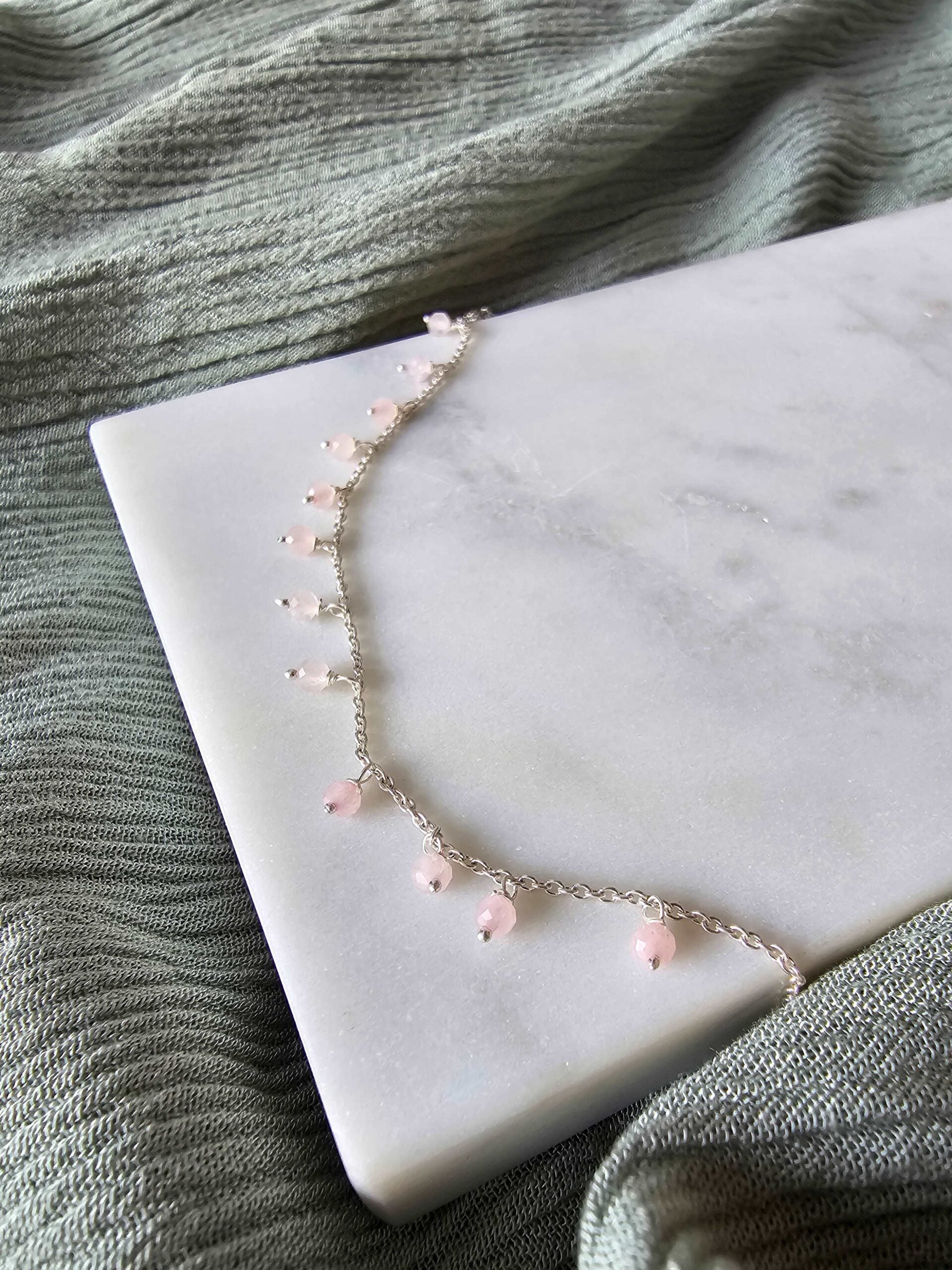 Dangling Stones Silver Anklet - Rose Quarts image
