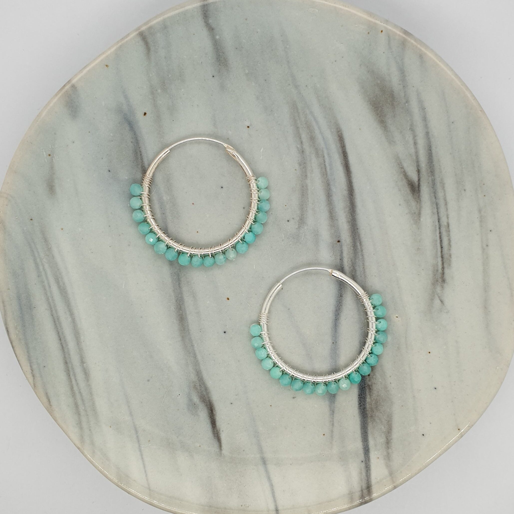 Natural Stone Silver Hoops - Blue Apatite image
