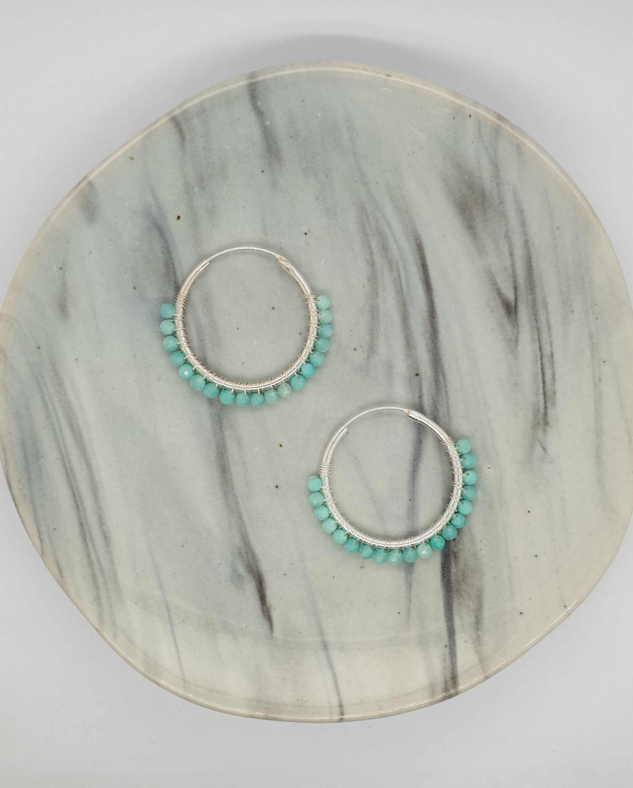 Natural Stone Silver Hoops - Blue Apatite image