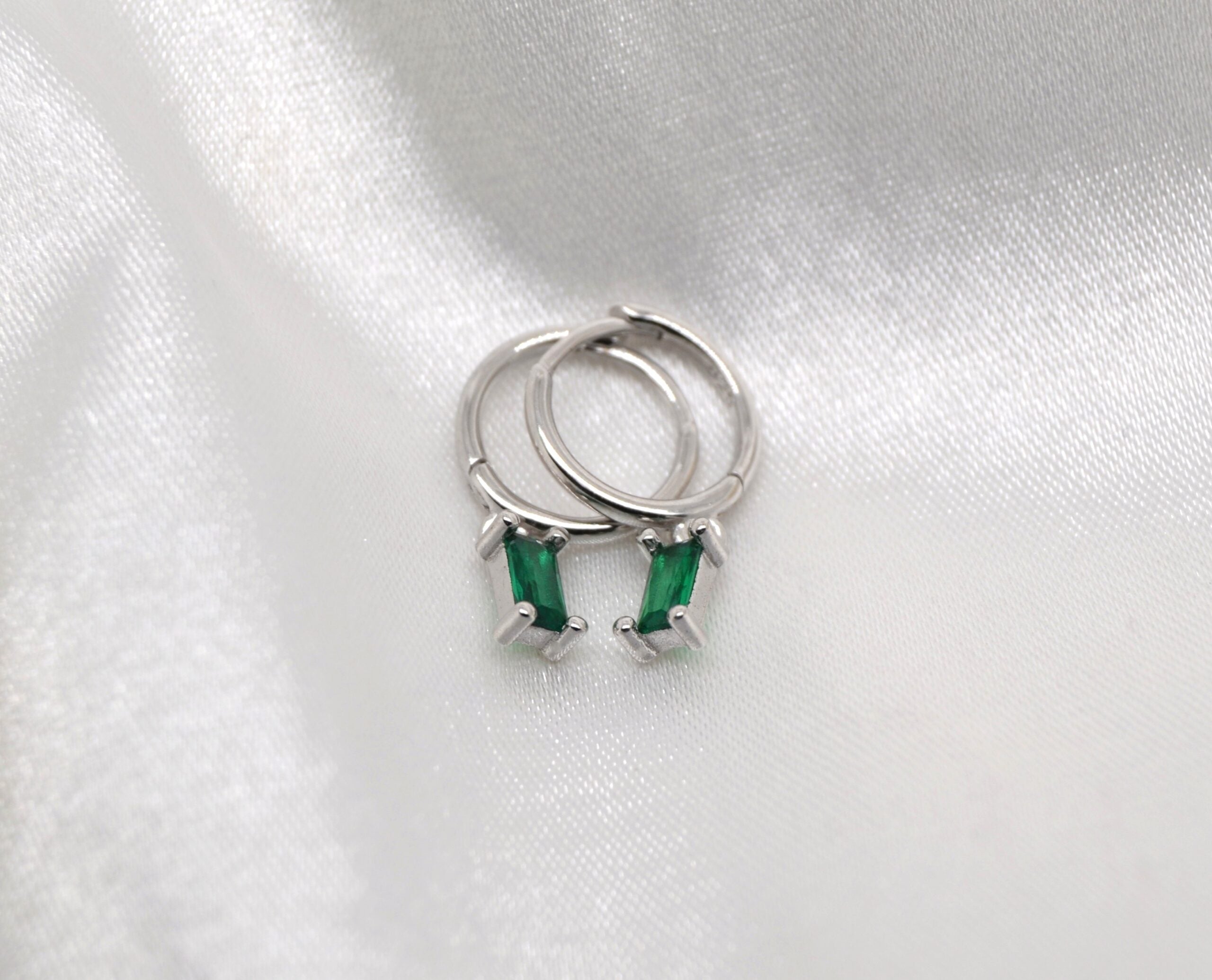 Tiny Emerald Cut Huggies - Emerald image
