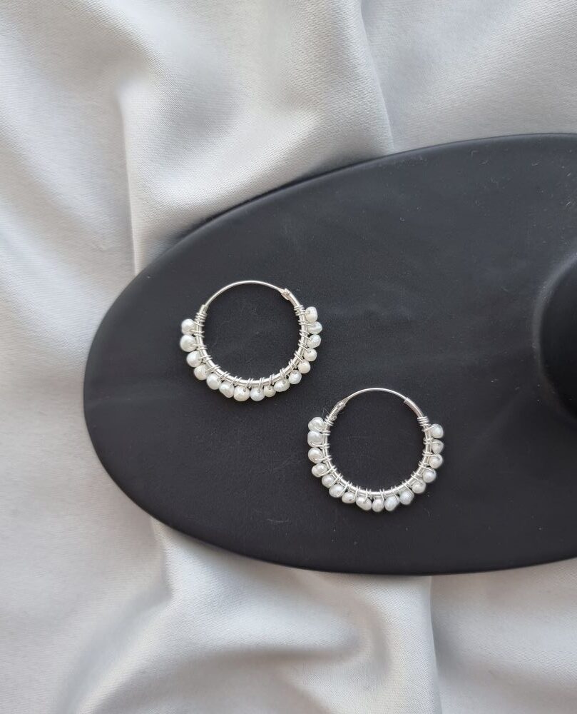 Tiny Pearl Silver Hoops image 0