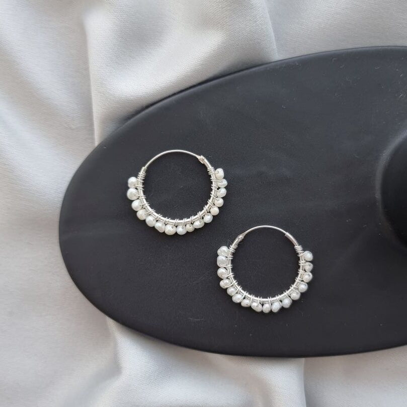 Tiny Pearl Silver Hoops image 0