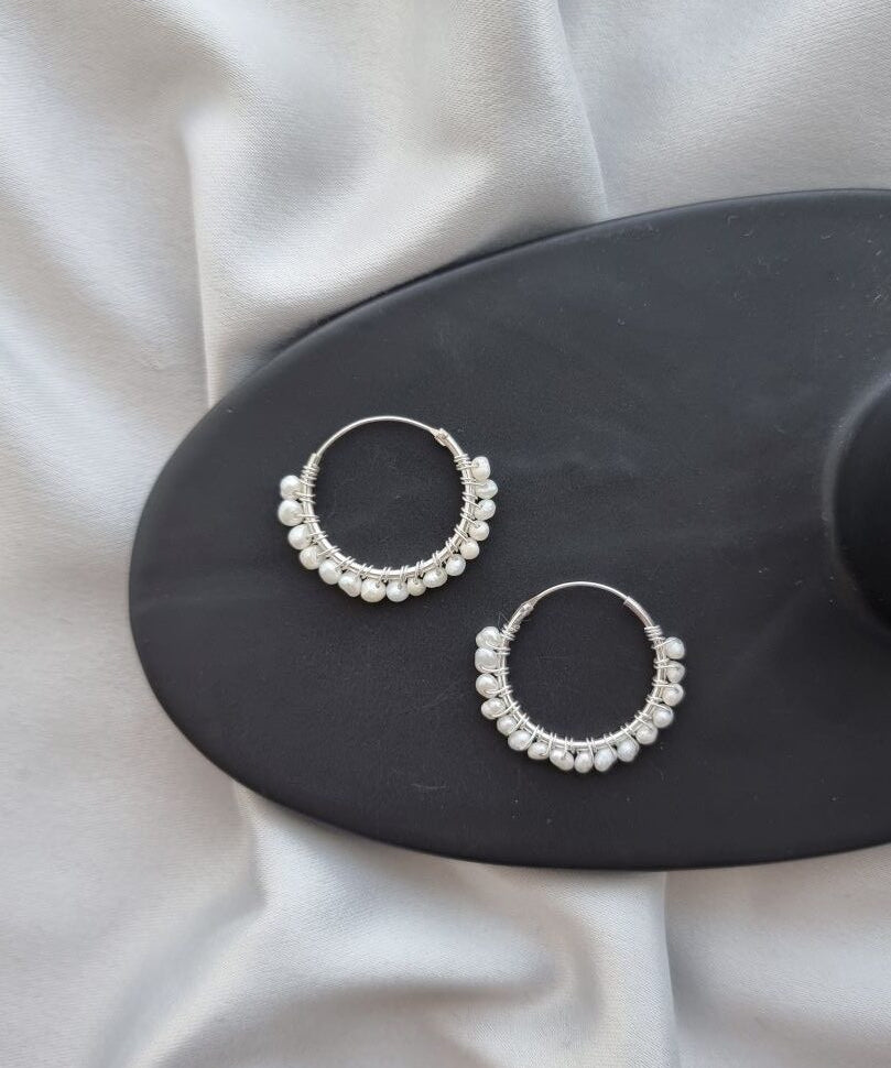 Tiny Pearl Silver Hoops image 0
